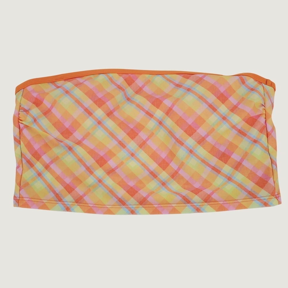 No Boundaries Plaid Bandeau Bikini Top Orange Pink Multi Size XXS 0-2 Stretch